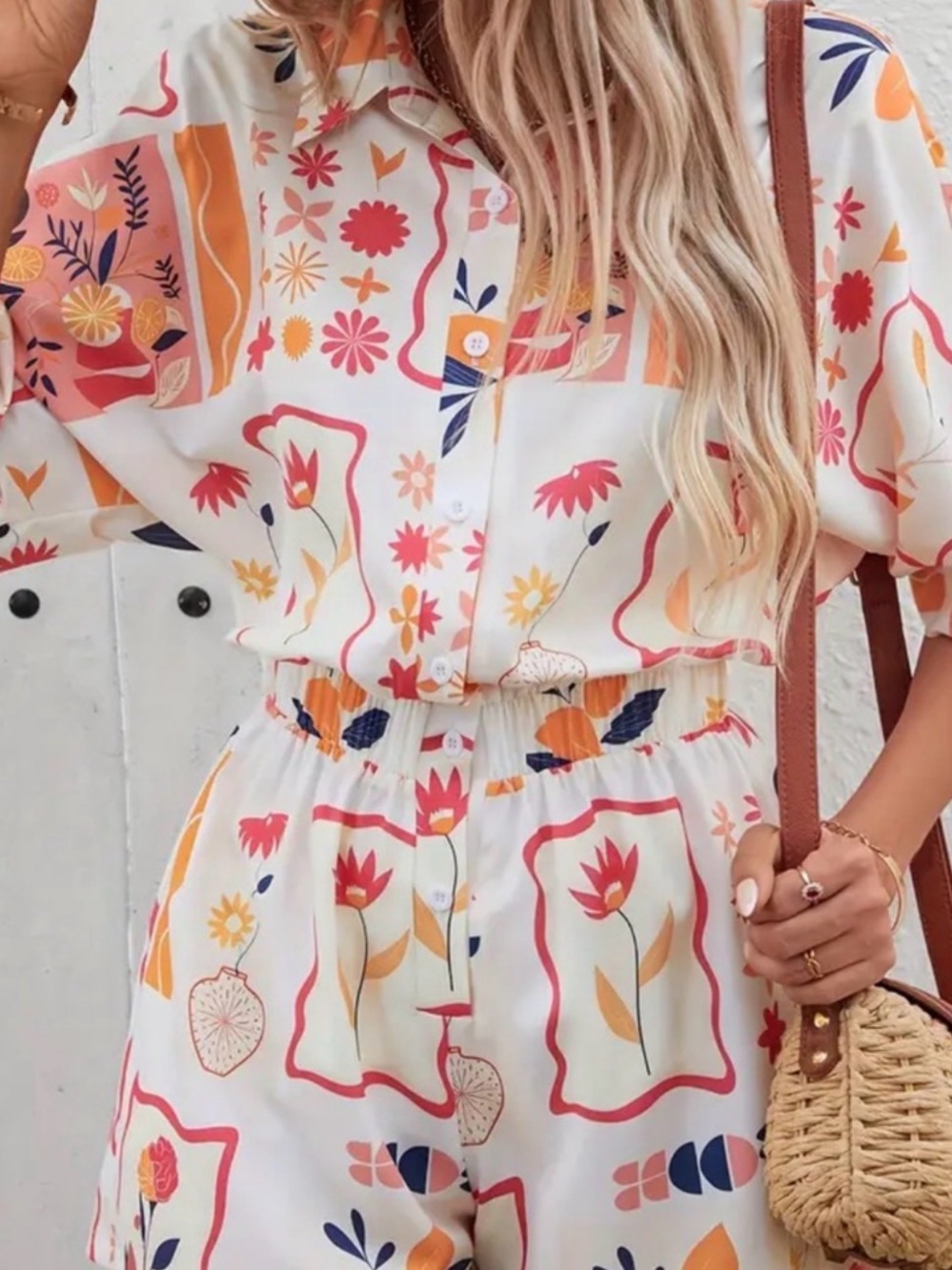 Floral Print Short Sleeve Romper - White with Coral & Mustard - Picture 3 of 6